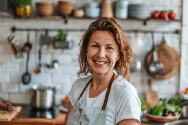 Une femme heureuse en tablier dans la cuisine AI générative