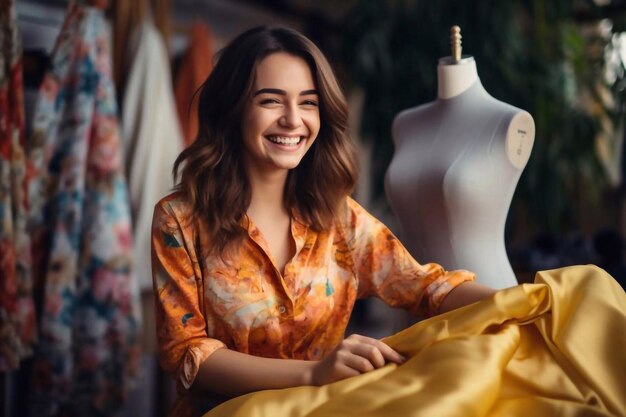 Femme heureuse tailleur professionnelle essayant le motif de tissu sur un mannequin travaillant dans un studio de couture Sourire
