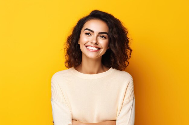 Une femme heureuse avec une tasse de café sur un fond jaune