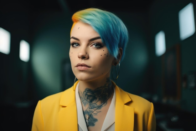 Une femme heureuse tatouée avec une coupe de cheveux courte bleu clair debout dans le bureau Generative AI AIG21