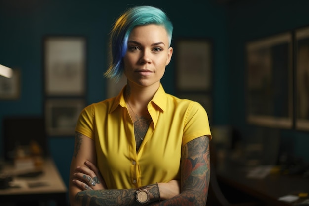 Une femme heureuse tatouée avec une coupe de cheveux courte bleu clair debout dans le bureau Generative AI AIG21
