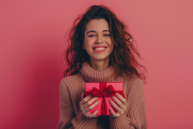 Une femme heureuse tenant un cadeau avec des décorations de cœur générées par l'IA