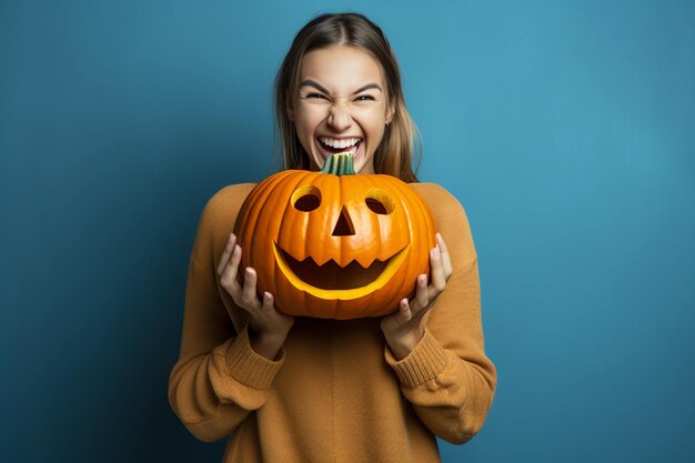 Une femme heureuse tenant une citrouille d'Halloween sur fond bleu