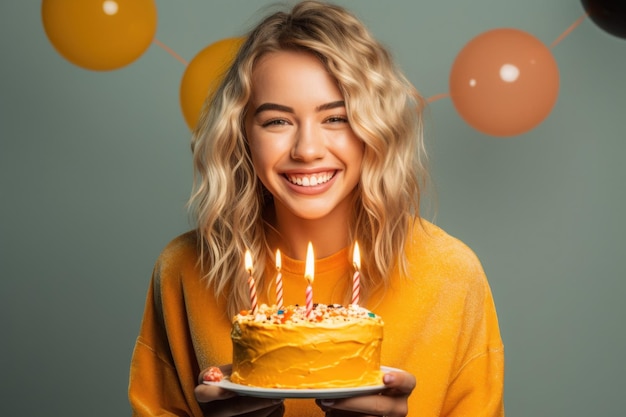 Photo femme heureuse tenant un gros gâteau d'anniversaire avec des bougies avec des confettis souriant
