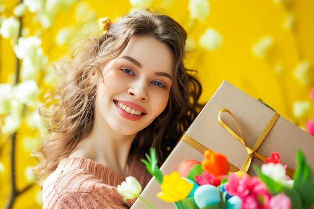 une femme heureuse tient une boîte colorée avec des fleurs de Pâques et un style éclectique de lapin sur jaune