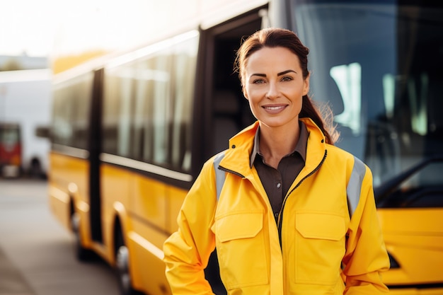 Une femme heureuse en uniforme jaune debout devant un bus