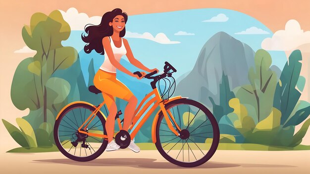 Photo une femme heureuse à vélo ou une page web illustration de dessin animé générée par ai