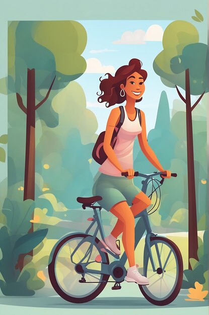 Une femme heureuse à vélo ou une page Web Illustration de dessin animé générée par Ai