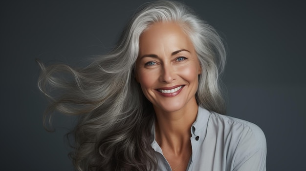 Photo une femme heureuse vieillissante avec de longs cheveux gris, une peau en bonne santé, une publicité pour des parfums cosmétiques.
