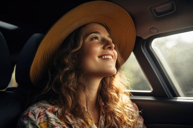 Une femme heureuse voyage l'été en voiture en vacances IA générative