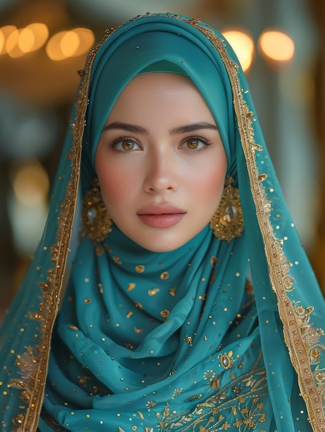 Femme en hijab bleu avec des bijoux en or