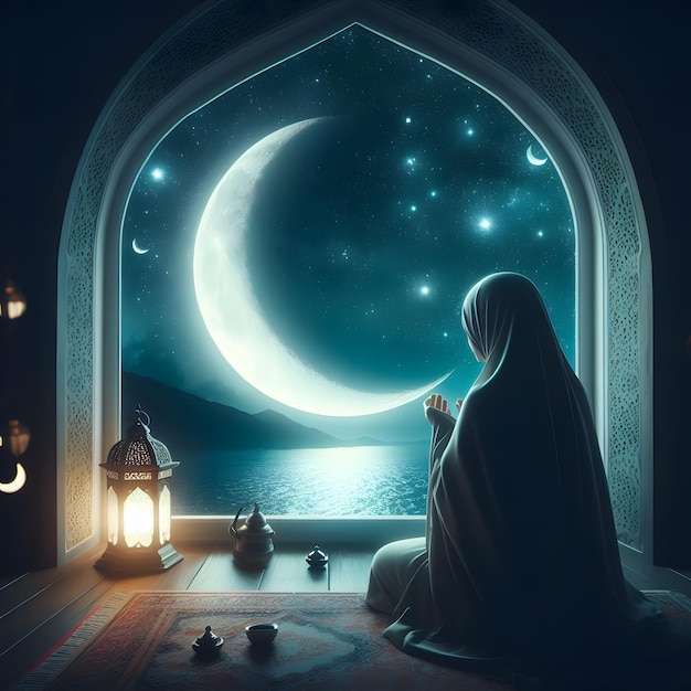 une femme avec un hijab est assise devant une fenêtre avec un croissant de lune en arrière-plan