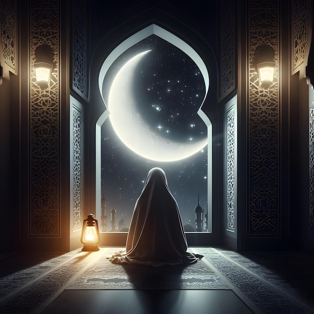 une femme avec un hijab est assise devant une fenêtre avec une lune en arrière-plan