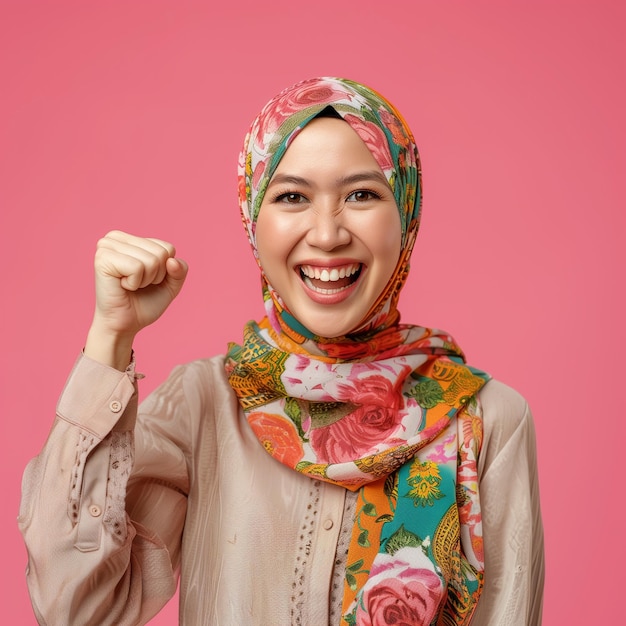 une femme en hijab avec un fond rose