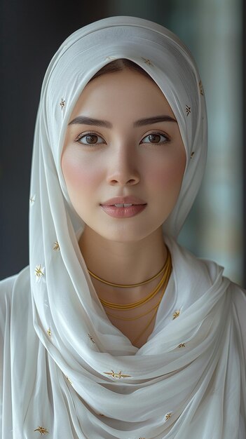une femme en hijab avec un foulard blanc sur la tête