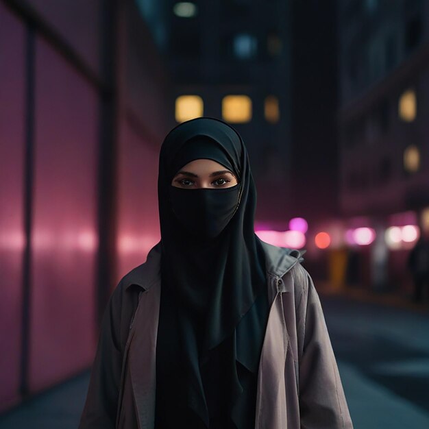 Photo une femme en hijab noir se tient dans la rue