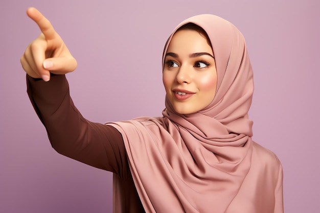 Une femme en hijab pointe vers le ciel