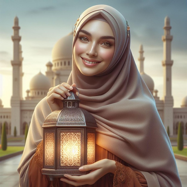 Une femme en hijab portant un gamis moderne et une lanterne du Ramadan