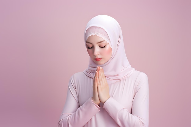 Une femme en hijab priant les mains jointes isolée sur un fond rose