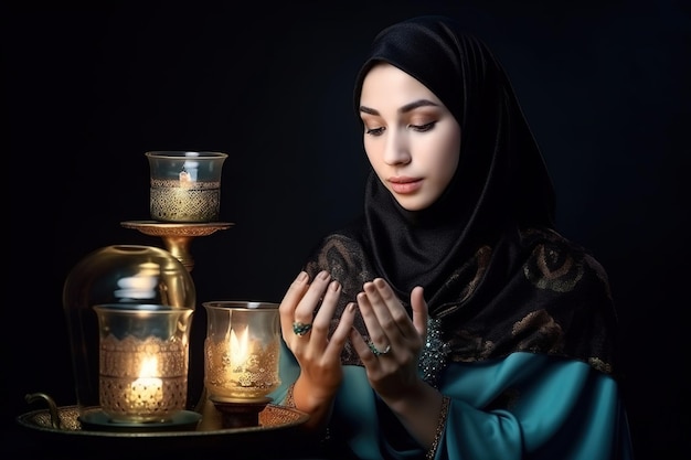 Une femme en hijab prie devant un bougeoir.