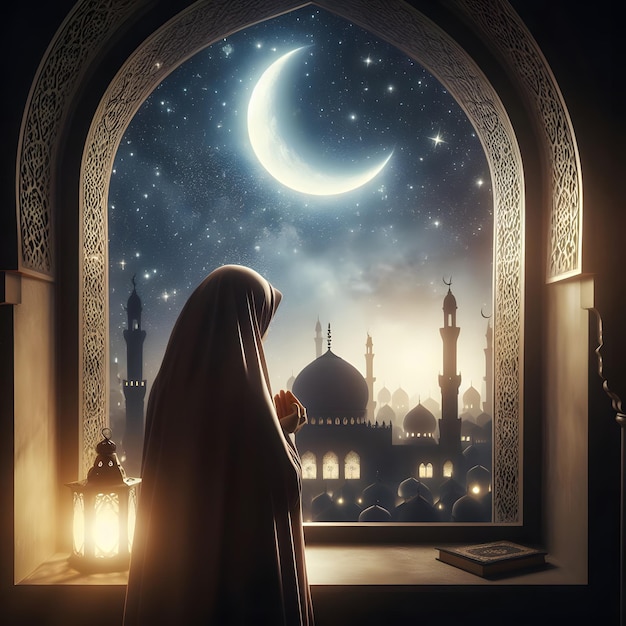 une femme avec un hijab regarde par une fenêtre avec une lune et une mosquée en arrière-plan