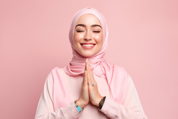 Une femme en hijab rose prie les yeux fermés