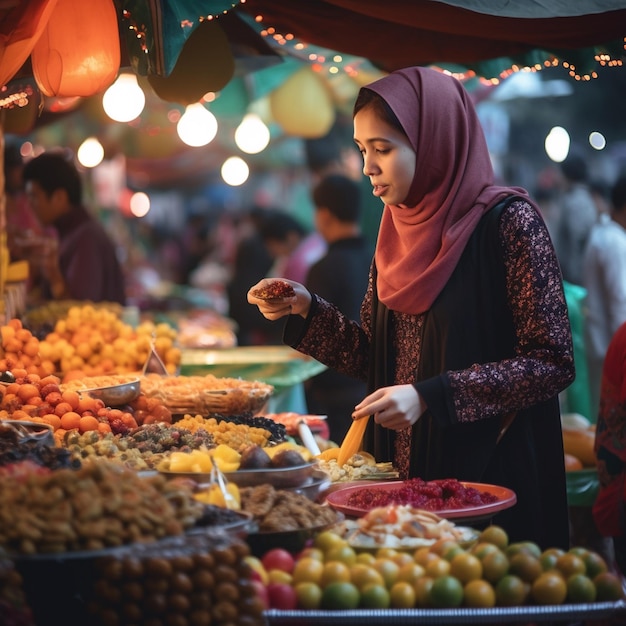 Une femme en hijab se tient devant un stand de fruits