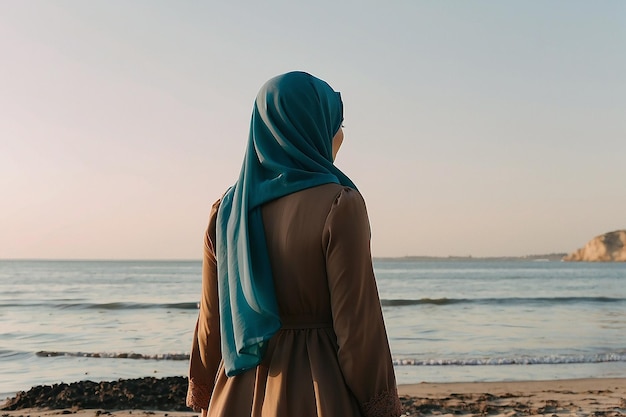 Une femme en hijab se tient sur la plage et regarde l'horizon.