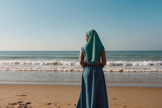 Une femme en hijab se tient sur la plage et regarde l'horizon.