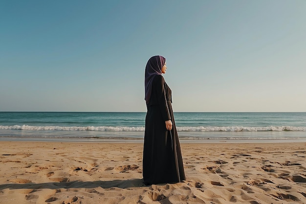 Une femme en hijab se tient sur la plage et regarde l'horizon.