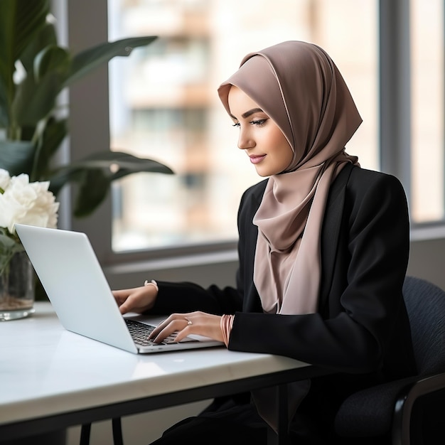 Une femme en hijab travaille sur un ordinateur portable dans un café, travaille en ligne à distance.