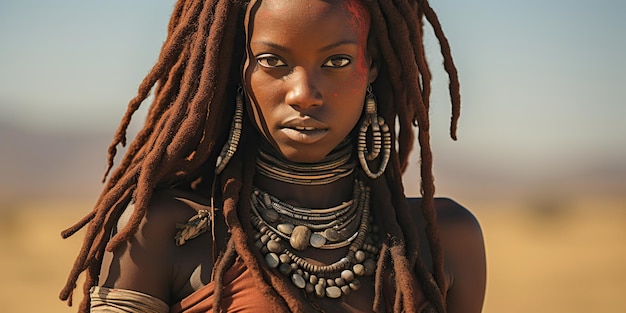Une femme Himba d'apparence distinctive, ornée de vêtements et de bijoux traditionnels incarnant d'anciennes coutumes et culture Ai Generative AI