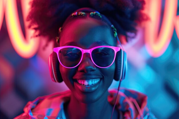 Une femme hipster africaine aime la musique lors d'une soirée de style