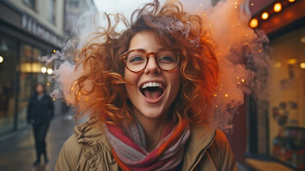 Photo une femme hipster en imperméable soufflant de la fumée de sa bouche.