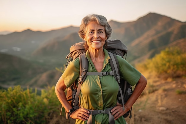 Femme hispanique active à la retraite, randonnée dans les montagnes, saison estivale en plein air