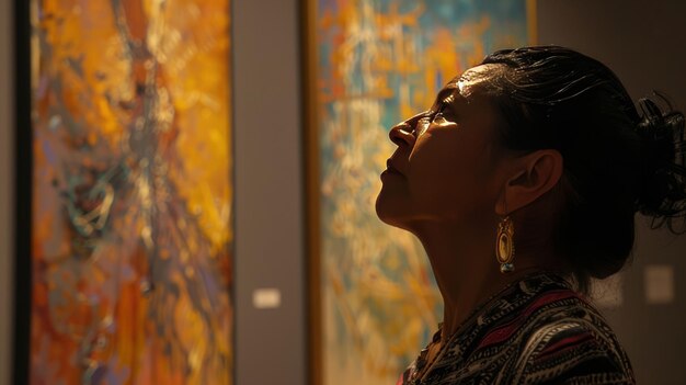 Photo une femme hispanique admirant de l'art dans une galerie