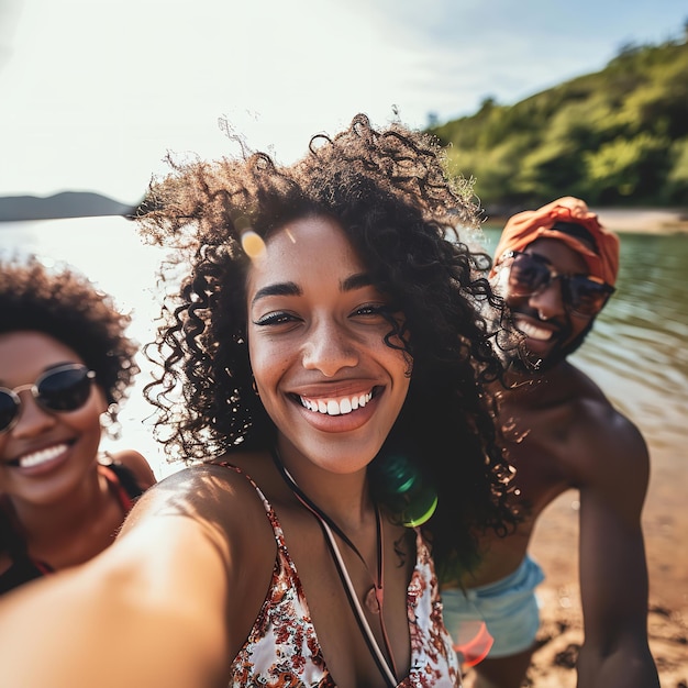 Photo une femme hispanique optimiste se fait un selfie avec des amis afro-américains dans le lac ai.
