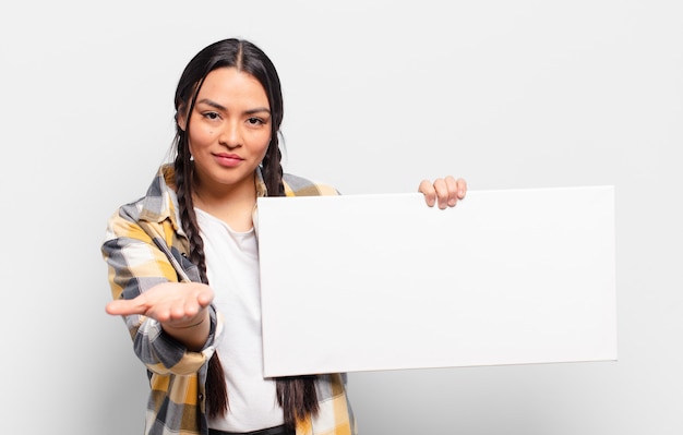 Femme hispanique souriant joyeusement avec un regard amical, confiant et positif, offrant et montrant un objet ou un concept