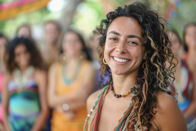 Une femme hispanique souriante avec un groupe pendant une retraite de yoga