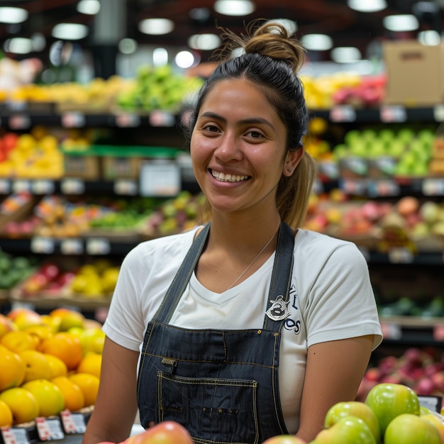 Une femme hispanique souriante, travailleuse de la section fruits du supermarché, regarde la caméra.