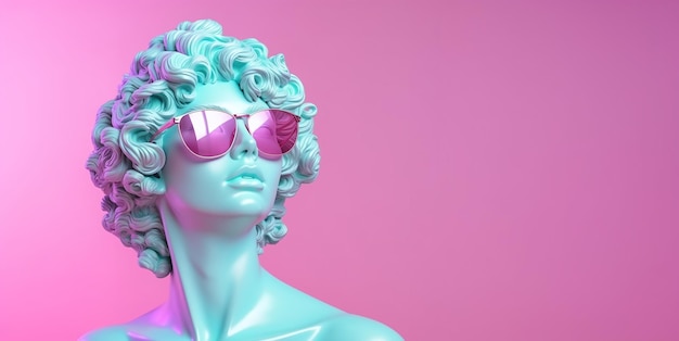 Femme holographique portant des lunettes de soleil sur un fond rose AI générative