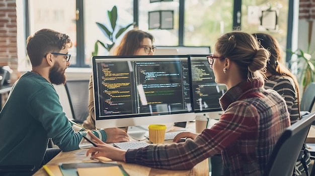 une femme et un homme assis à un bureau avec un ordinateur et une tasse de café