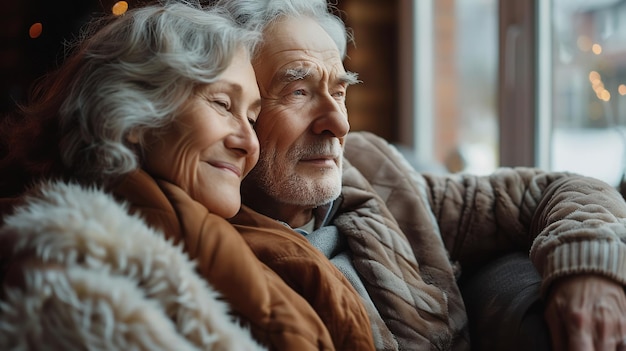 La femme et l'homme caucasiens âgés, retraités, mari et femme assis sur le canapé à la maison, personnes âgées, couples mariés, retraite et concept de solidarité, se concentrent sélectivement sur les femmes.