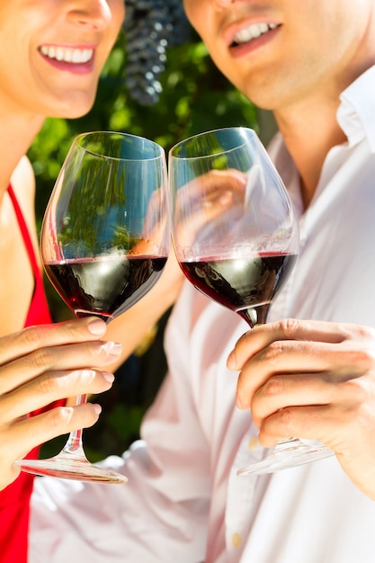 Femme et homme dans un vignoble buvant du vin