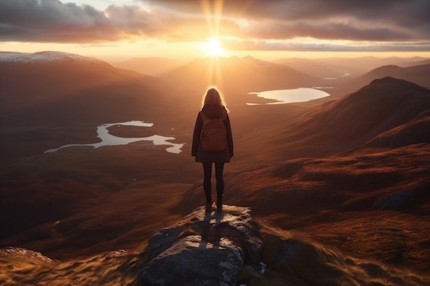 La femme l'homme le dos le randonneur la nature le sommet de la montagne le voyage le sac à dos le paysage l'aventure d'été l'IA générative