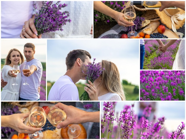 Femme et homme ensemble dans un collage de champ de lavande Mise au point sélective