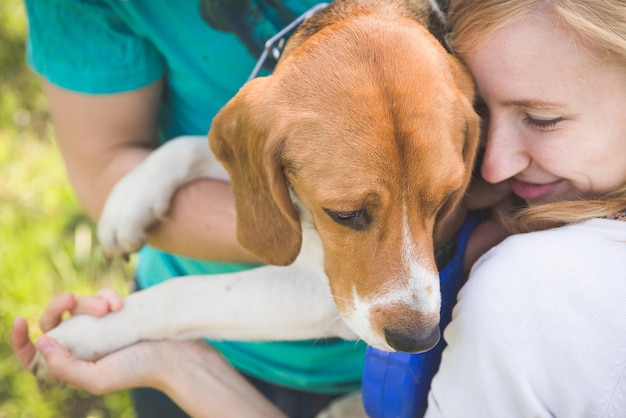 Femme et homme avec leur gentil chien dans le parc promenade d'été avec un chien de race Beagle