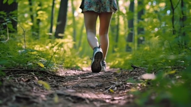 une femme et un homme marchant sur un sentier dans une forêt de montagne vue de l'arrière