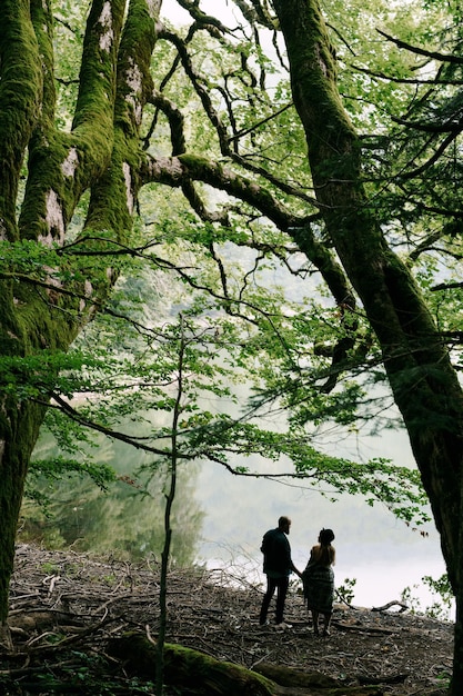 Femme et homme se tenant la main sur la pente au bord du lac vue arrière