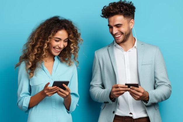 Femme et homme avec un téléphone sur fond bleu